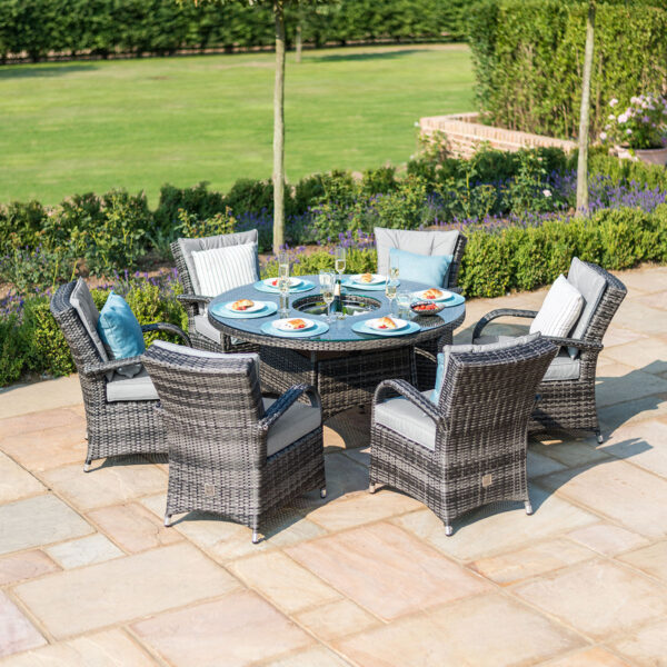 1-2 Texas 6 Seat Round Rattan Dining Set with Ice Bucket & Lazy Susan β Grey