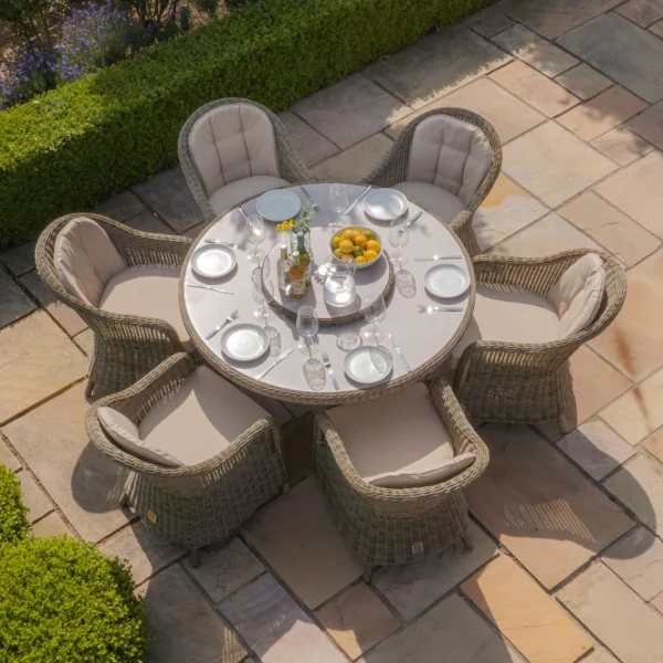 Winchester 6 Seat Round Dining Set with Heritage Dining Chairs & Woven Lazy Susan – Ceramic Glass