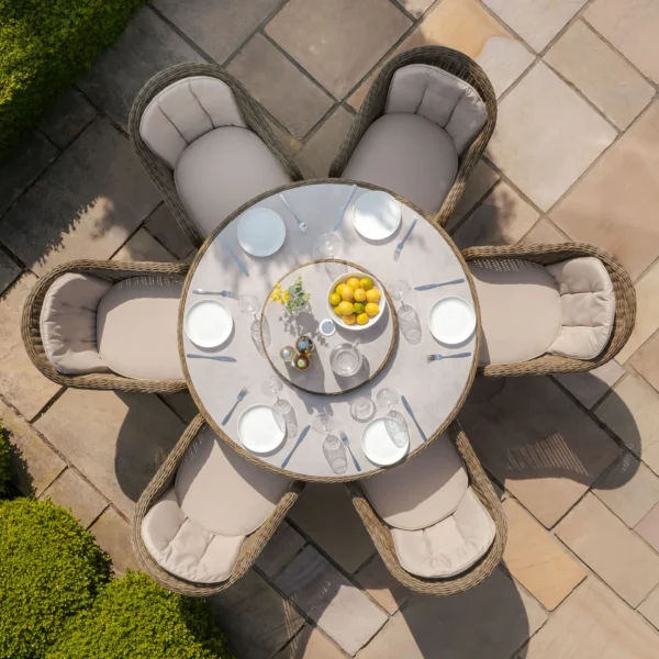 Winchester 6 Seat Round Dining Set with Heritage Dining Chairs & Woven Lazy Susan – Ceramic Glass