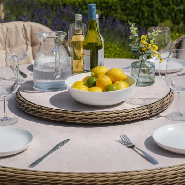 Winchester 6 Seat Round Dining Set with Heritage Dining Chairs & Woven Lazy Susan – Ceramic Glass