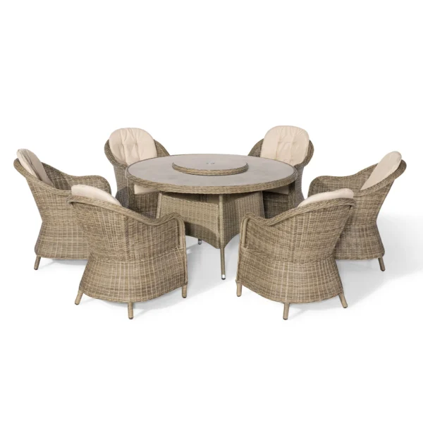 Winchester 6 Seat Round Dining Set with Heritage Dining Chairs & Woven Lazy Susan – Ceramic Glass