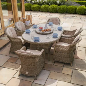 Winchester 6 Seat Oval Dining Set with Heritage Dining Chairs & Woven Lazy Susan – Ceramic Glass