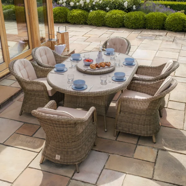 Winchester 6 Seat Oval Dining Set with Heritage Dining Chairs & Woven Lazy Susan – Ceramic Glass