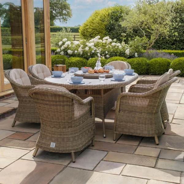 Winchester 6 Seat Oval Dining Set with Heritage Dining Chairs & Woven Lazy Susan – Ceramic Glass
