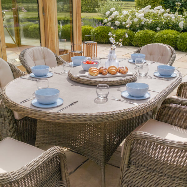 Winchester 6 Seat Oval Dining Set with Heritage Dining Chairs & Woven Lazy Susan – Ceramic Glass
