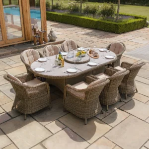 Winchester 8 Seat Oval Dining Set with Heritage Dining Chairs & Woven Lazy Susan – Ceramic Glass
