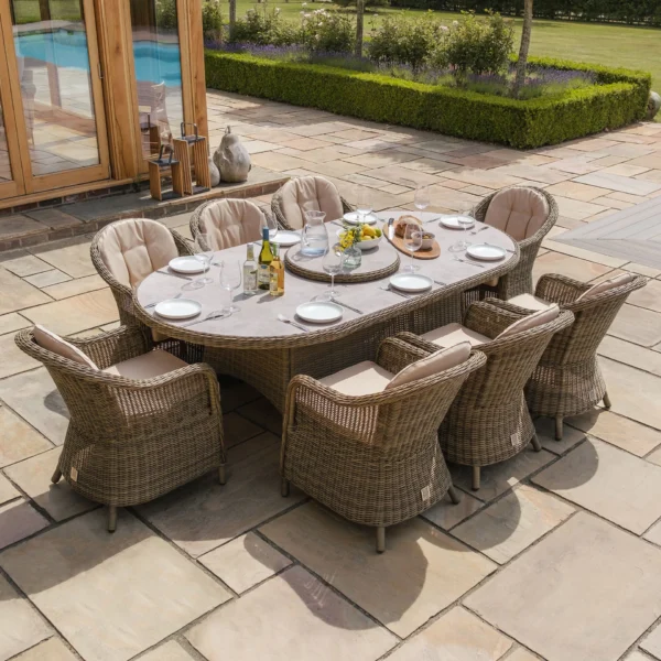 Winchester 8 Seat Oval Dining Set with Heritage Dining Chairs & Woven Lazy Susan – Ceramic Glass