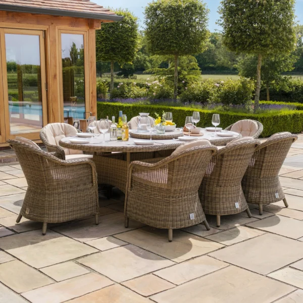 Winchester 8 Seat Oval Dining Set with Heritage Dining Chairs & Woven Lazy Susan – Ceramic Glass