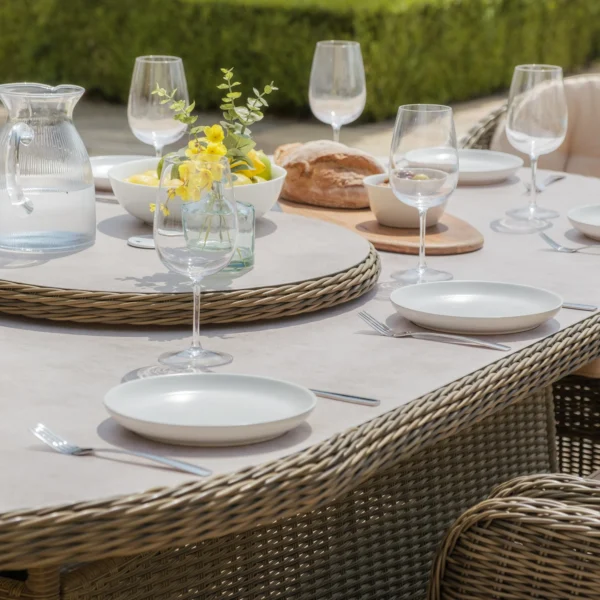 Winchester 8 Seat Oval Dining Set with Heritage Dining Chairs & Woven Lazy Susan – Ceramic Glass