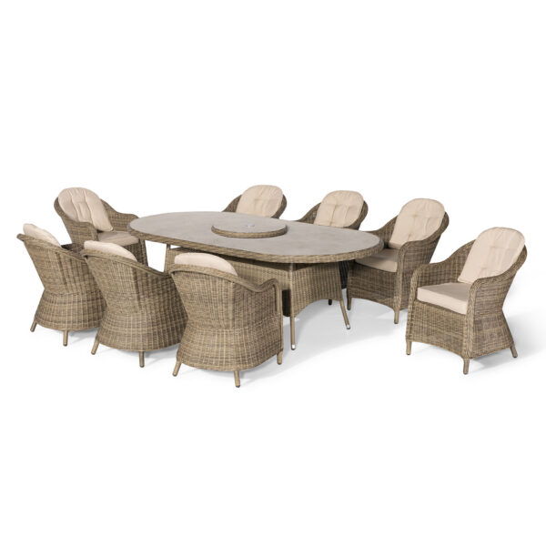 Winchester 8 Seat Oval Dining Set with Heritage Dining Chairs & Woven Lazy Susan – Ceramic Glass