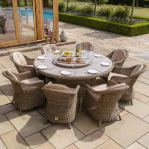 Winchester 8 Seat Round Dining Set with Heritage Dining Chairs & Woven Lazy Susan – Ceramic Glass