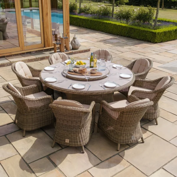 Winchester 8 Seat Round Dining Set with Heritage Dining Chairs & Woven Lazy Susan – Ceramic Glass