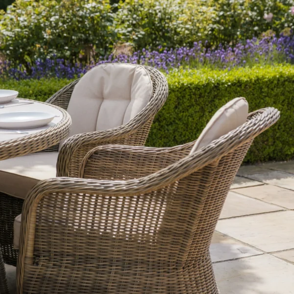 Winchester 8 Seat Round Dining Set with Heritage Dining Chairs & Woven Lazy Susan – Ceramic Glass