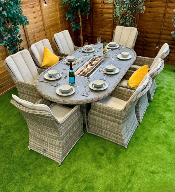 Rattan Champagne Paris 230cm Oval 8 Seater Fire Pit Set